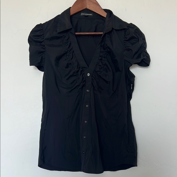 Express Women’s Black Puff Sleeve Ruffle Button Down Shirt Size Large - Picture 1 of 4